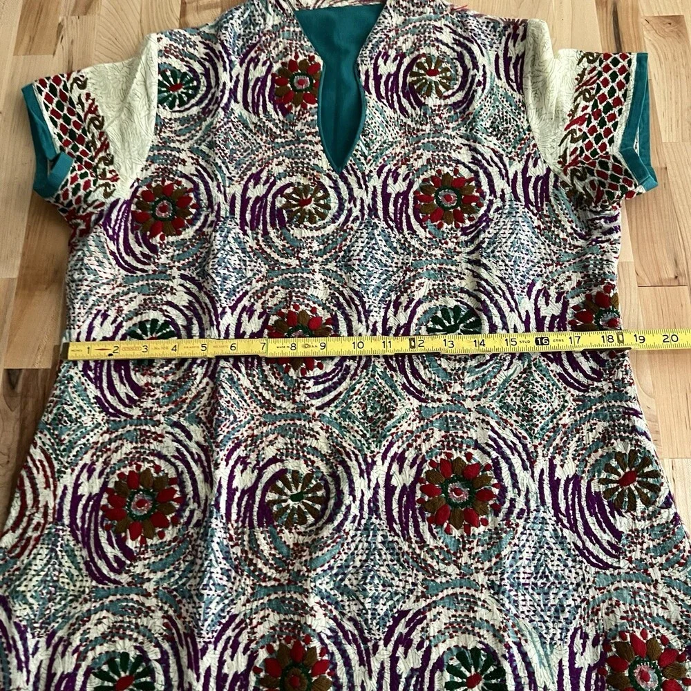 Women's Short Sleeve Side Split Tunic Kameez Multicolor Embroidered Cotton M - Picture 7 of 10